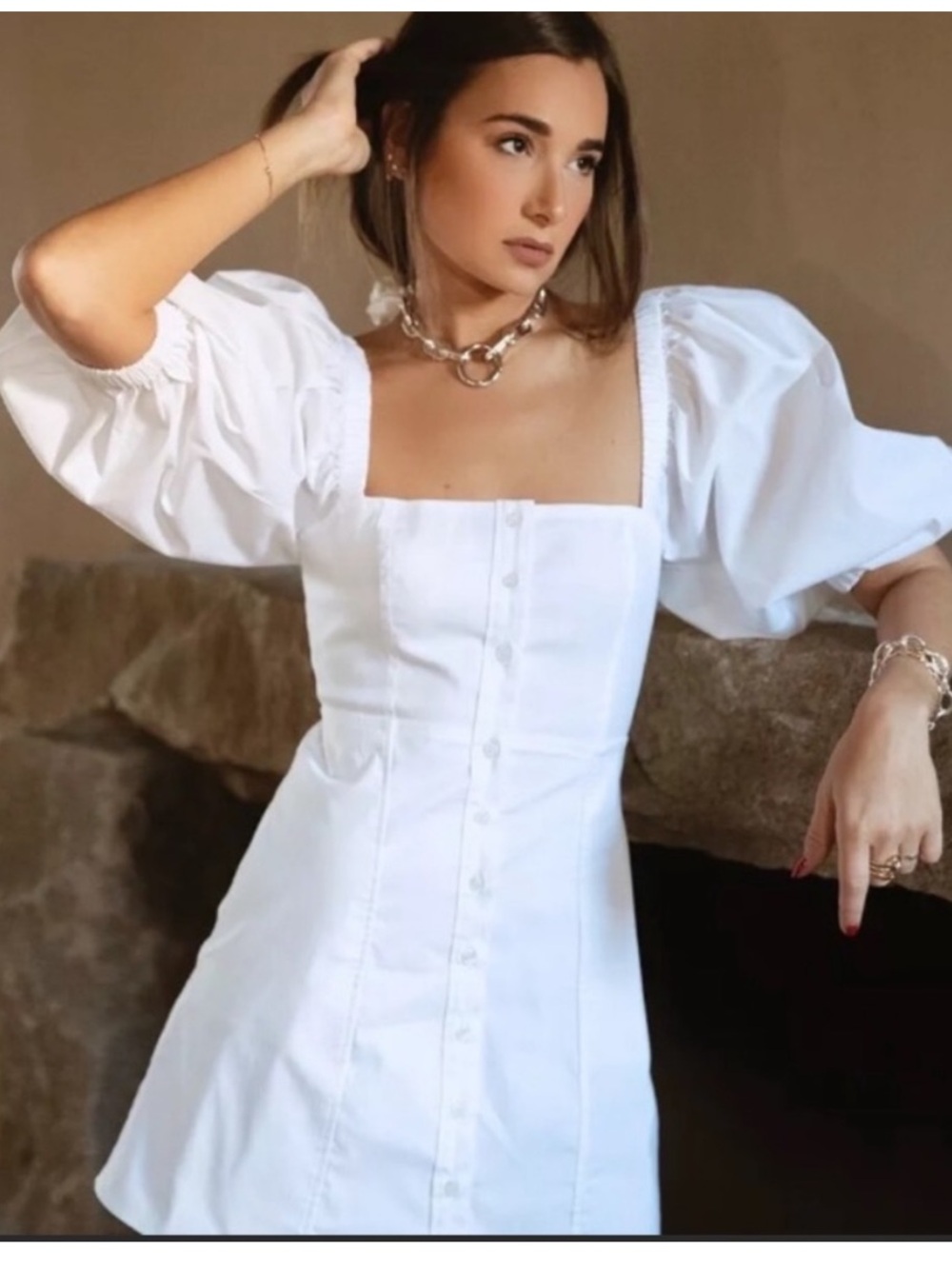 Danielle Bernstein Puff Sleeve Milkmaid Cottage Summer Babydoll Mini Dress 6